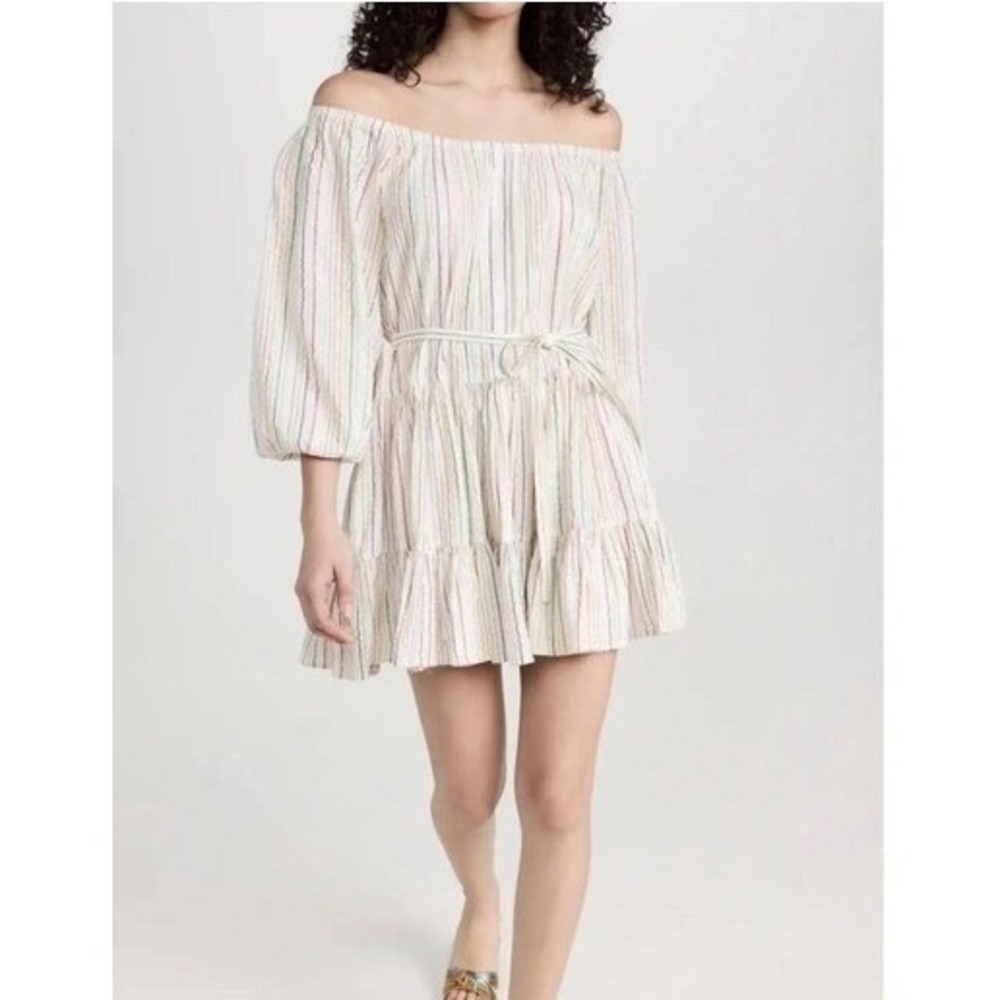 Apiece Apart Rainbow Metallic Stripe Organic Cotton Off Shoulder Mini Dress S